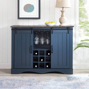 Rustic 47-inch Bar Cabinet with Sliding Barn Door  |  Wine Racks Kitchen Storage Blue, White