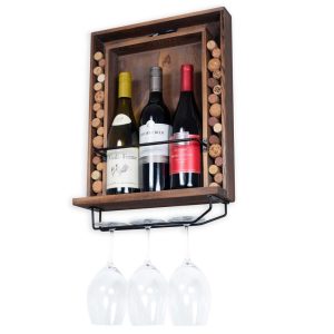 Rustic State Kayra Wall Mounted Wine Rack With Glass Holder and Cork Storage  |  Wine Racks Kitchen Storage Brown