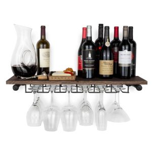 Rustic State Wood Wall Mounted Wine Bottle and Glass Rack in Walnut  |  Wine Racks Kitchen Storage Black, Brown