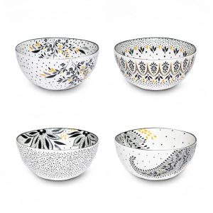 Sara Miller Artisanne Noir Rice Bowl Set of 4 – 5.1″W x 4″H  |  Bowls Bowls Black, White, Yellow