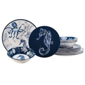 Sea Life Melamine 12-piece Dinnerware Set, Service for 4  |  Dinnerware Sets Dinnerware Blue, Navy, White