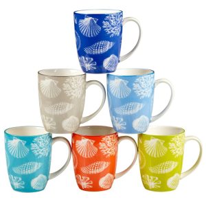 Seaside Set of 6 Mugs 6 asst  |  Mugs Dinnerware Green, Navy, Orange