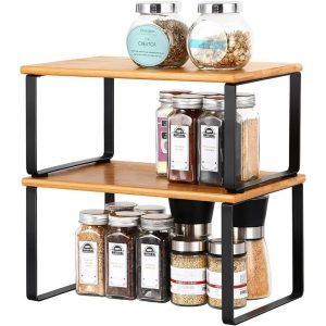 Set of 2 Bamboo Kitchen Cabinet Organizer  |  Pantry Organizer Kitchen Storage Black