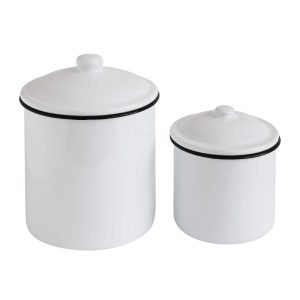 Set of 2 White Enameled Canisters with Lids  |  Kitchen Canisters Kitchen Canisters Kitchen Canisters