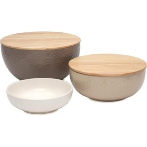 Set of 3 Ceramic Salad/Mixing Bowls with 2 Sealing Wood Lids  |  Serveware Dinnerware Multi