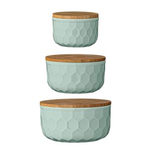 Set of 3 Round Mint Green Stoneware Bowls with Bamboo Lids  |  Kitchen Canisters Kitchen Canisters Green