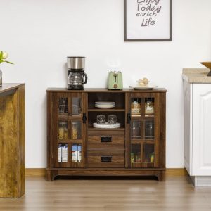 Sideboard Storage Cabinet, Kitchen Cupboard Buffet Server with Glass Doors, 2 Drawers & Adjustable Shelves  |  Pantry Cabinets Kitchen Furniture Brown, Tan