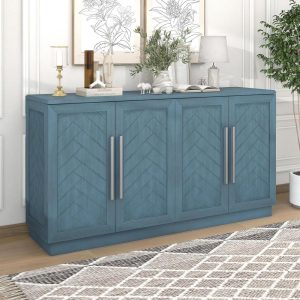 Sideboard with 4 Doors Large Storage Space Buffet Cabinet with Adjustable Shelves and Silver Handles  |  Pantry Cabinets Kitchen Furniture Blue, White