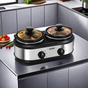 Silver Small Portable Twin Double  Slow Cooker  |  Slow Cookers Kitchen Appliances Silver