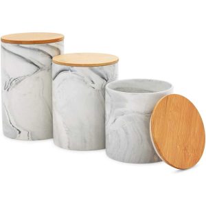 Small Marble Kitchen Canisters with Bamboo Lids, White Ceramic (3 Sizes, 3 Pack)  |  Kitchen Canisters Kitchen Canisters Kitchen Canisters