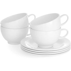 Soho White Teacup and Saucer Set of 4 – 10 Ounce Cups  |  Cups Cups Cups