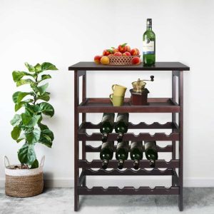 Solid Wood 18-Bottle Freestanding Wine Rack with Tabletop and Tray – 26″W x 12″D x 33″H  |  Wine Racks Kitchen Storage Brown