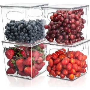 Sorbus Clear Plastic Organizer Storage Bin Containers with Handle and Lid for Pantry Food & Kitchen Fridge (4-Pack)  |  Pantry Organizer Kitchen Storage Clear