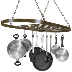 Sorbus Pot and Pan Rack for Ceiling with Hooks – Oval Mounted Storage Rack – 31.50″ L X 16.50″ W X 21″ H – 31.50″ x 16.50″ x 21″  |  Pot Racks Kitchen Storage Brown