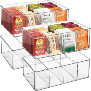 Sorbus Storage Bins with Dividers for Pantry Food & Kitchen Fridge, Clear Design (4-Pack)  |  Pantry Organizer Kitchen Storage Clear