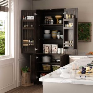 Space-Saving Storage Solution Pantry Cabinet w/Dark Wood Grain Kitchen – 31.5″Wx23.6“Dx78.7″H  |  Pantry Cabinets Kitchen Furniture Brown