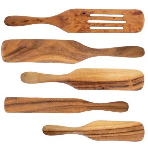 Spurtle Spoon Spatula Utensil – 5pc Set Teak Wood – Non Stick Wooden Cookware – Stir, Scrape, Flip, Drain, Fold & Smash. – Large  |  Cookware Sets Cookware Sets Brown