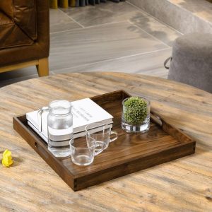 Square Black Walnut Wood Serving Tray Ottoman Tray with Handles  |  Serveware Dinnerware Brown