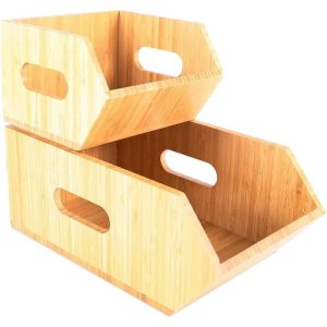 Stackable Bamboo Storage Box, Kitchen Organizer (2 Pack)  |  Pantry Organizer Kitchen Storage Brown