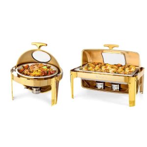 Stainless Steel Roll Top Chafing Dish 1 Round + 1 Rectangular  |  Serveware Dinnerware Gold