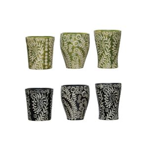 Stoneware Cups with Wax Relief Botanicals – 3.0″L x 3.0″W x 3.6″H  |  Cups Cups Cups