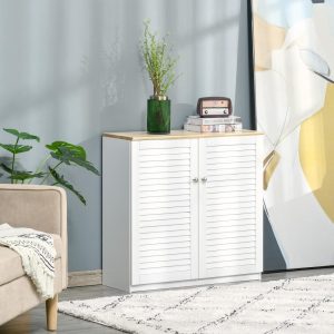 Storage Cabinet Kitchen Sideboard with Louvered Doors, Freestanding Floor Cabinet for Living Room, Hallway, White  |  Pantry Cabinets Kitchen Furniture Pantry Cabinets