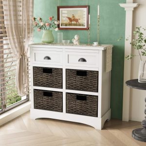 Storage Kitchen Cabinet with 2 Drawers and 4 Rattan Basket  |  Pantry Cabinets Kitchen Furniture Blue, Brown, Grey, White