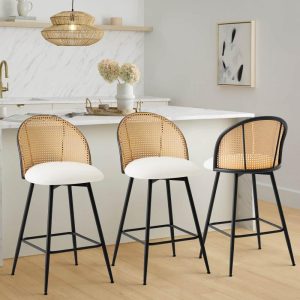 Swivel Upholstered Counter/Bar Stool with Rattan Back  |  Counter and Bar Stools Counter & Bar Stools Black, Green, Grey, Off-White, White