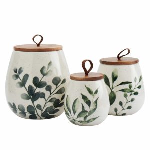 Tabletops Gallery 3PC Green Leaf Canisters with Acacia Wood Lid  |  Kitchen Canisters Kitchen Canisters Kitchen Canisters