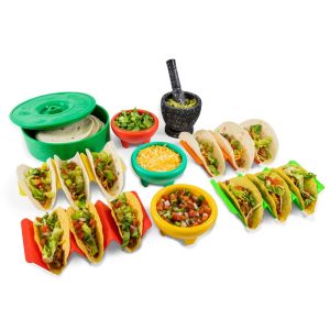 Taco Tuesday Taco Kit, Includes Tortilla Warmer, 3 Salsa Bowls, 4-Set Taco Shell Holders, Mortar & Pestle  |  Serveware Dinnerware Multi