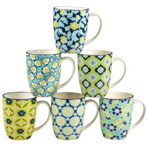 Tapestry Set of 6 Mugs 6 asst  |  Mugs Dinnerware Green, Navy, Yellow