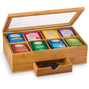 Tea Bag Organizer – Tea Organizer: Wooden Tea Box with 8 Compartments, Acrylic Window, and Magnetic Lid, Made of Bamboo  |  Kitchen Canisters Kitchen Canisters Brown