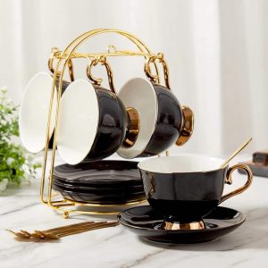 Tea Cups and Saucers Set of 4, Luxury Tea Cup Set with Golden Trim  |  Cups Cups Black, Blue