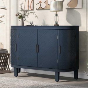 U Shape Accent Storage Cabinet with Antique Pattern Doors, Shelves, Wood Legs Buffet Sideboard for Dining Room  |  Pantry Cabinets Kitchen Furniture Black, Blue, Grey, White