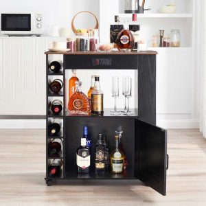 VECELO Bar Table Cabinet with Wheels and Charging Station Wine Rack Freestanding Floor,35.4” Wine Rack Table, Brown Bar Cabinet  |  Home Bars Home Bars Brown