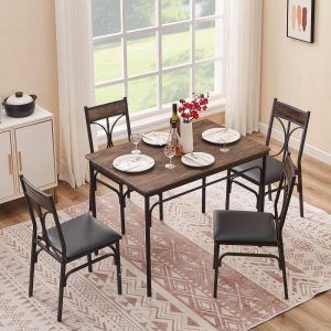 VECELO Modern 5-piece Dining Set Tempered Glass Top and Wood Top, Steel Dining Table and Chair Set of 4  |  Kitchen and Dining Sets Kitchen & Dining Sets Black, Brown, White