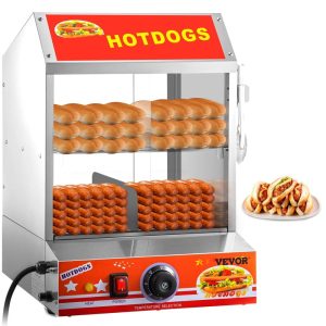 VEVOR 2-Tier Hot Dog Steamer 27L/24.52Qt Hut Steamer for 175 Hot Dogs & 40 Buns W/ Slide Doors – 2Tier  |  Toaster Ovens Kitchen Appliances Silver