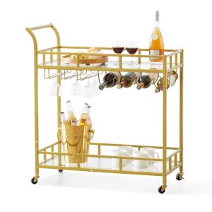 VEVOR Bar Cart Gold 2 Tiers Home Bar Serving Cart on Lockable Wheels with Tempered Glass Shelves Guardrail Wine Rack  |  Home Bars Home Bars Home Bars