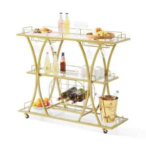 VEVOR Bar Cart Gold 3 Tiers Home Bar Serving Cart on Lockable Wheels with Tempered Glass Shelves Guardrail Wine Rack  |  Home Bars Home Bars Home Bars