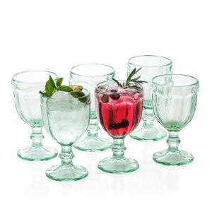 Vintage Embossed Glass Goblet (10.2 oz. set of 6) – 3.94″D x 5.51″H  |  Wine Glasses Dinnerware Clear, Green, Purple