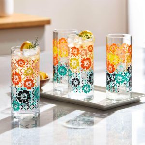 Vintage Flower Power Cooler Glasses, 16-ounce, Set of 4  |  Drinking Glasses Dinnerware Drinking Glasses