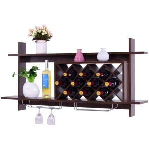 Wall Mount Wine Rack Organizer With Glass Holder & Storage Shelf  |  Wine Racks Kitchen Storage Black