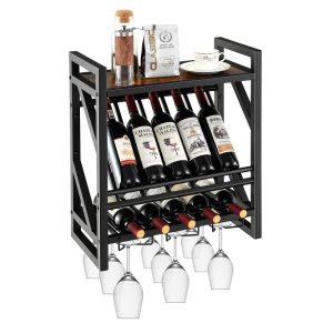 Wall Mounted Rustic Wine Rack 10 Bottles Wine Display Holder W/  |  Wine Racks Kitchen Storage Black