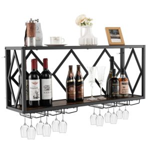 Wall Mounted Wine Rack for 39 Bottles and 12 Glasses  |  Wine Racks Kitchen Storage Brown