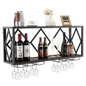 Wall Mounted Wine Rack Industrial Storage Display Shelf Glass  |  Wine Racks Kitchen Storage Brown