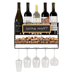 Wall35 Cork Wine Bottle Holder and Glass Rack for Wall Decor, Black  |  Wine Racks Kitchen Storage Black