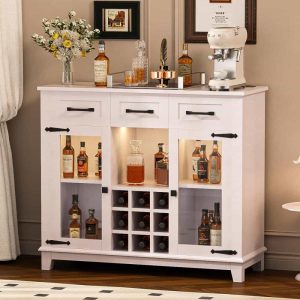 White 47″ Rustic Coffee Bar Cabinet with Storage, LED Light Charging Station, Power Outlet, Wine & Glass Rack,3 Drawers  |  Pantry Cabinets Kitchen Furniture Pantry Cabinets