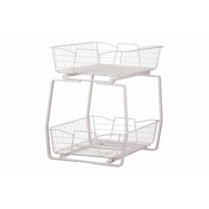 White Finish 14in Two-Tier Pull Out Cabinet Organizer  |  Pantry Organizer Kitchen Storage Pantry Organizer