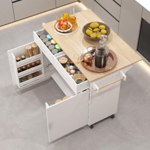 White Kitchen Island w/Wood Top Multi-Compartment Organizer on Wheels – 43.3″  |  Kitchen Carts Kitchen Carts Kitchen Carts