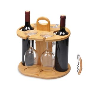 Wine Bottle Holder with Glass Cup Rack and Free Wood Handle Corkscrew  |  Wine Racks Kitchen Storage Brown